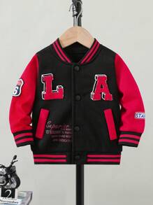 Áo khoác Varsity họa tiết sọc vá chữ cho bé trai, mùa thu đông - Đỏ - Xem 3