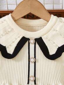 SHEIN Young Girls Fashion Elegant Sweater Dress With Pearl Decor Peter Pan Collar Long Sleeve Knit Pullover - Beige - View 5
