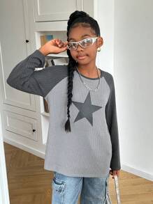 SHEIN Áo thun tay lỡ in hình ngôi sao thoải mái, giản dị, nhiều màu sắc cho bé gái tuổi teen - Xám - Xem 3