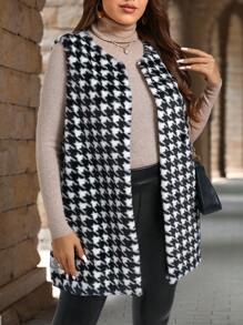 EMERY ROSE Plus Size Women Sleeveless Houndstooth Fluffy Open Front Jacket, Winter Women Clothes - Black and White - View 4