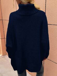 EMERY ROSE Casual Solid Color High Neck Drop Shoulder Loose Knit Sweater, Autumn/Winter Knit Pullover Fall - Navy Blue - View 2