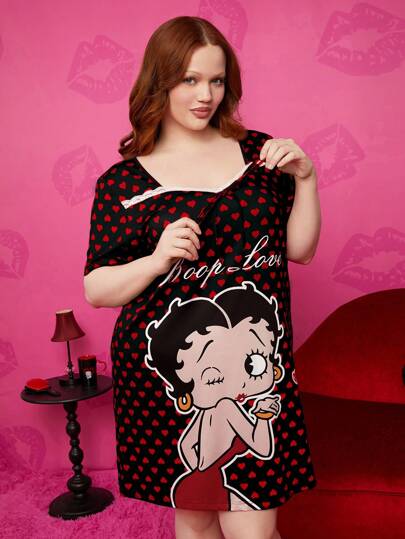 Betty Boop x SHEIN Plus Size Casual Stylish Heart Cartoon Print Sweetheart Neck Lace Red Women Nightgown, Moo Moo Night Dress