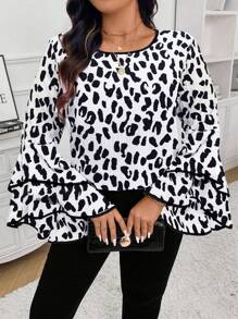 Celure Plus Size Elegant Leopard Print Ruffled Flare Sleeve Blouse For Autumn - Black and White - View 4