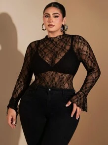 SHEIN BAE Plus Size Curve Women Elegant Party Sexy Sweet See-Through Black Lace Ruffle Cuff Bodysuit Black Long Sleeve Plus Size Sets Fall Turtle Neck Bodysuit One Piece Bodysuit Plus Bodysuit Curve Black Mesh Bodysuit Christmas Outfit Women Going Out Bodysuit - Black - View 4