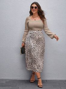 SHEIN Clasi Plus Size Solid Color Lantern Sleeve Fitted Sweater For Autumn/Winter Knit Pullover Fall Sweater - Khaki - View 5