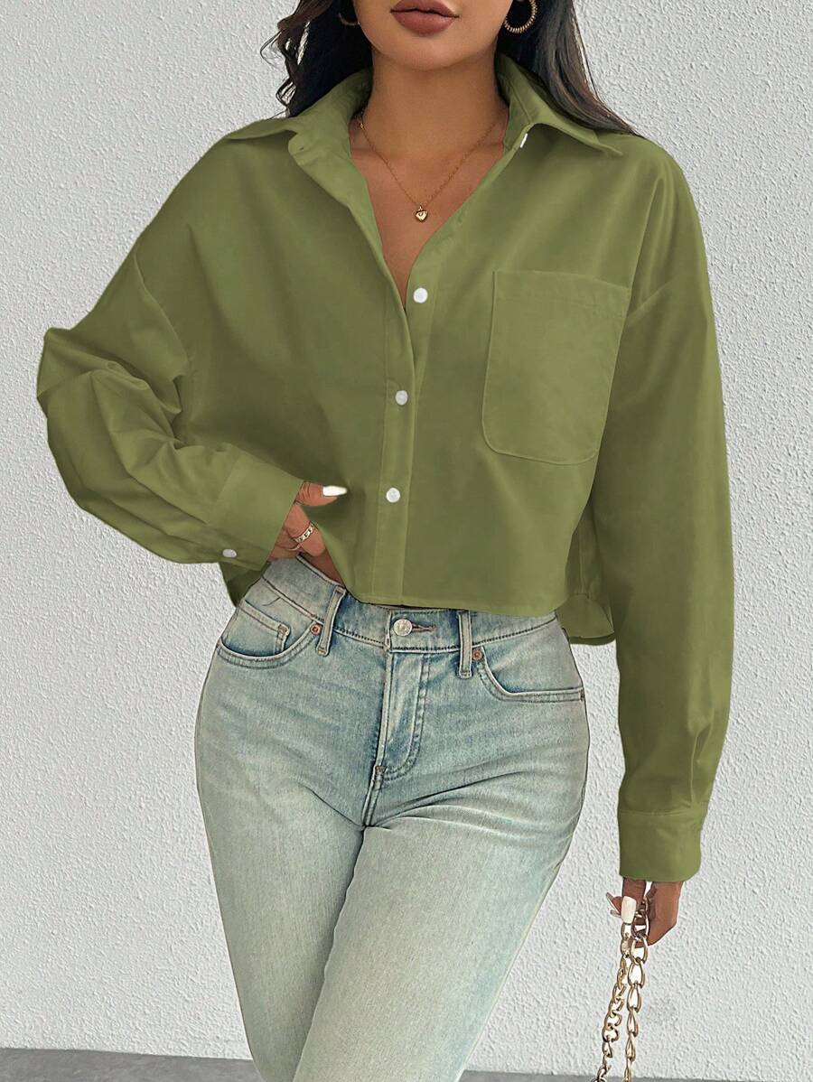 Ellegaria. Áo sơ mi nữ tay dài cài nút phía trước, túi đơn giản, họa tiết hoa ngẫu nhiên - xanh quân đội - Xem 1