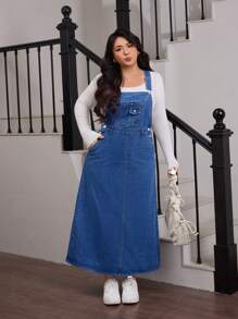 SHEIN EZwear Váy denim thường ngày cỡ lớn có dây đeo rộng và nhiều túi, thiết kế tối giản - Màu xanh lam - Xem 5