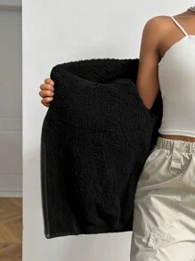 SHEIN EZwear 女士休闲双面连帽羊毛夹克，适合秋冬季 - 黑色 - 查看 10