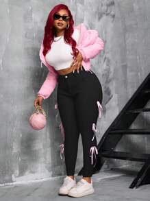 Plus Size Women High Stretch Denim Pants With Side Bow Ribbon Design - Black - View 6