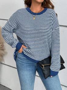 SHEIN LUNE Plus Size Women Crew Neck Long Sleeve Simple Casual Striped Pullover Sweater - Blue and White - View 3