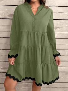 大码纯色拼布前扣长袖收腰休闲短款连衣裙