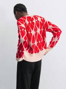 Maija Áo len Giáng sinh cổ tròn dáng rộng cho nữ có họa tiết hình học tương phản, Thu/Đông - Đỏ - Xem 2