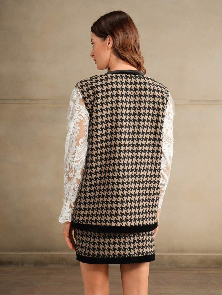 2pcs Women Houndstooth Sleeveless Tweed Jacket & Mini Skirt Suit Set