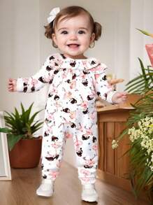 Baby Girl Cute Ballet Dancer Print Long Sleeve Jumpsuit, Spring & Autumn - Multicolor - View 7