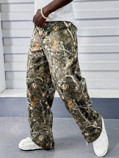 AXEPEAK Men's Casual Versatile Branch Printed Loose Woven Pants, Spring And Autumn Going Out Baggy Pants, For Husband, Boyfriend Gifts, Streetwear Edition, Fall