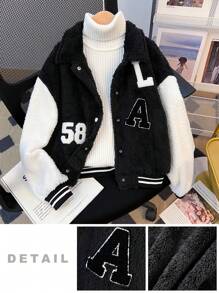 SHEIN Tween Girl Reversible Fleece Classic Black & White Color Block Collar Numeric & Letter 3D Embroidery Fashion Versatile Jacket, Autumn/Winter - Black - View 5