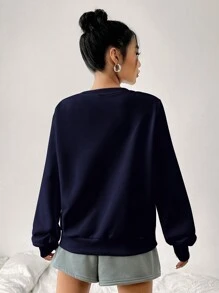 SHEIN EZwear 休闲简约 MILANO 英文文字印花圆领宽松女士运动衫，适合春秋冬季 - 藏蓝色 - 查看 3