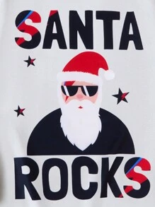 Sudadera blanca informal de cuello redondo talla grande, forrada térmica, holgada, cómoda, de moda, que estiliza la figura, sudadera navideña con estampado divertido de Papá Noel, Papá Noel con gafas de sol y estampado de bloques de color y estrellas, a juego con la familia