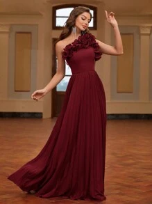 Elitara 1pc Asymmetrical Neck Pleated, Handmade 3D Floral Decor Women's Formal Evening Dress (Heavy Embellished), Elegant Prom Gown, For Wedding Guest, Graduation, Dinner, Party Dress
