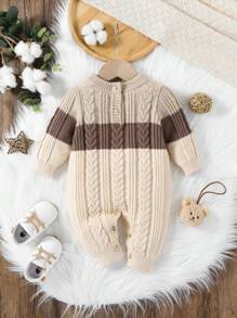 SHEIN Bộ áo liền quần len dệt kim cho bé trai, cổ tròn, tay dài, thoải mái và ấm áp, thích hợp mặc thường ngày, phối màu thời trang cho mùa thu/đông. - Nhiều màu - Xem 1