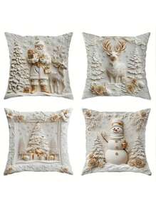 4 Peças Capas de Almofada Decorativas natalinas com Papai Noel, Boneco de Neve, Cervo e Árvore Floral, Engraçadas e de Luxo, Impressão 3D Branca e Dourada, Macias, Impressão em Um Lado, 45cm x 45cm, para Natal, Inverno, Sala de Estar, Quarto, Sofá e Cama, Sem Enchimento de Almofada - Multicolorido - Visão 1