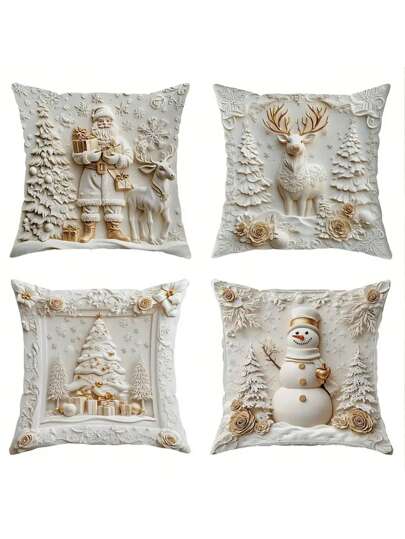 4 fundas de cojín decorativas con diseños navideños de Papá Noel, muñeco de nieve, ciervo y árbol floral, de lujo con estampados 3D en blanco y dorado, de tela suave y con impresión unilateral de 18"x18" para decorar la sala de estar, dormitorio y sofá en Navidad e invierno, sin incluir los cojines