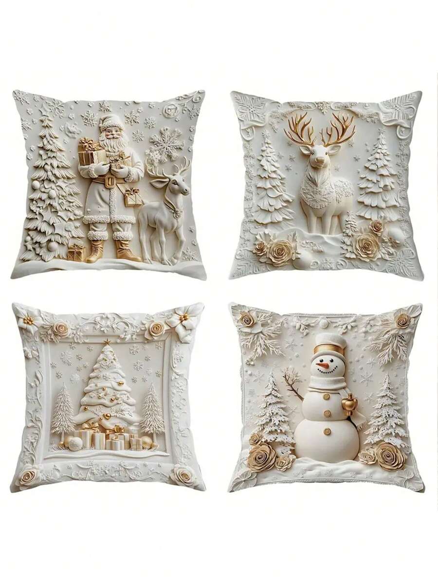 4 Peças Capas de Almofada Decorativas natalinas com Papai Noel, Boneco de Neve, Cervo e Árvore Floral, Engraçadas e de Luxo, Impressão 3D Branca e Dourada, Macias, Impressão em Um Lado, 45cm x 45cm, para Natal, Inverno, Sala de Estar, Quarto, Sofá e Cama, Sem Enchimento de Almofada - Multicolorido - Visão 1