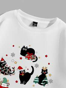 Manfinity Homme 1pc Oversized Loose Drop Shoulder Crew Neck Sweatshirt With Cute Kitten Christmas Pattern Print, Christmas Gifts - White - View 3