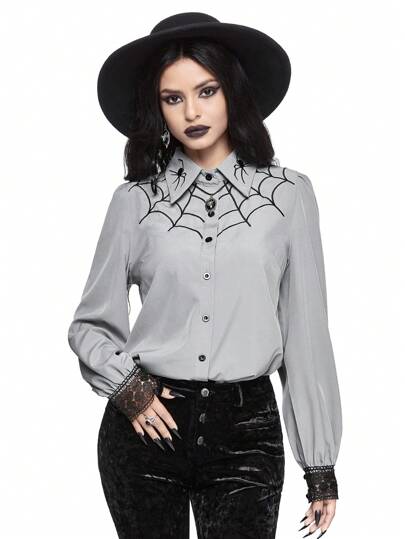 Goth Blouse pour femme brodée de motifs de toile d'araignée gothiques, peut être portée comme couche intérieure