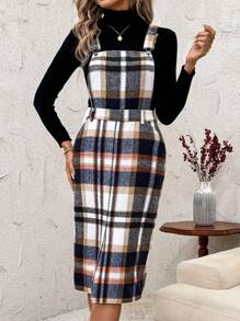 SHEIN Clasi Women Casual Plaid Jumper Dress With Suspender, Midi Length, Suitable For Autumn And Winter - Multicolor - View 3