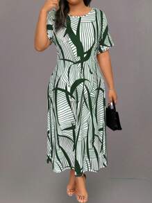 EMERY ROSE 大码女式休闲条纹圆领短袖长裙，夏季长款女装