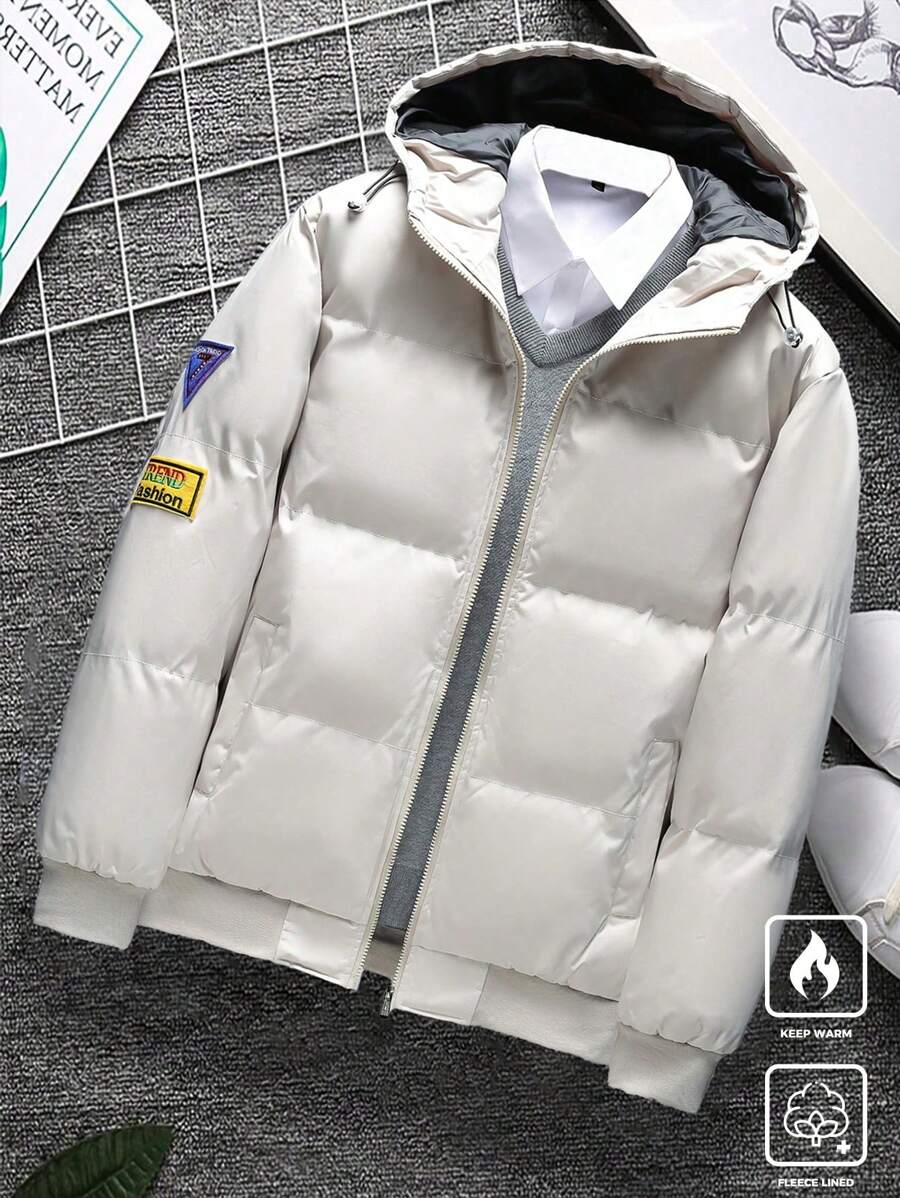 Manfinity Hypemode Men's Patched Hooded Zip Front Long Sleeve Padded Coat - Khaki - View 1