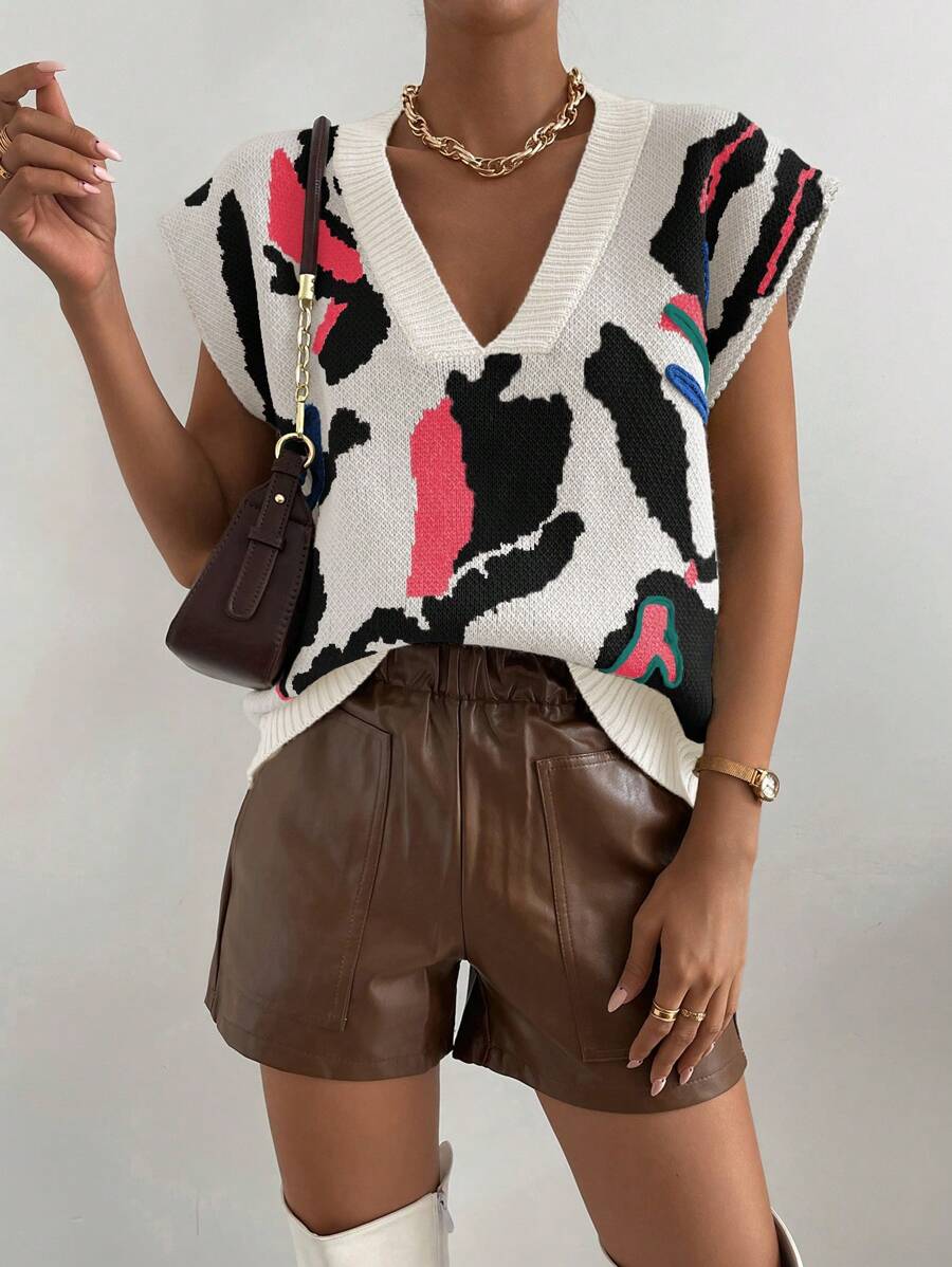 Chiquease Áo len dệt kim cổ chữ V họa tiết đơn giản cho nữ cỡ lớn - Nhiều màu - Xem 1