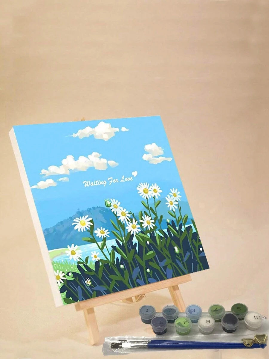 1 件套花卉数字油画套装，适合成人初学者，海边的雏菊，20 宽 x 20 长或 30 宽 x 30 长帆布画，绘画油画，配有 2 支画笔，丙烯颜料花卉和风景，DIY 绘画用于家庭墙壁装饰圣诞节，可作为节日礼物 - 彩色 - 查看 1