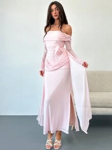 Aloruh 女士露肩荷叶边腰带花卉贴花连衣裙，优雅