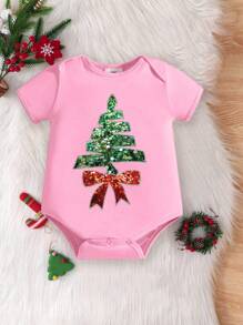 女婴圣诞可爱卡通亮片蝴蝶结圣诞树图案印花短袖连体衣 - 粉色 - 查看 3
