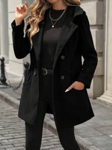 EMERY ROSE Áo khoác trùm đầu hai hàng khuy cho nữ, thường ngày cho mùa thu đông Áo khoác đen dài cho nữ Áo khoác đen mùa đông - màu đen - Xem 4