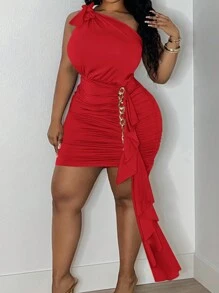 Slaydiva 大码 - 优雅高端，弹力针织修身棕色单肩系带链条装饰荷叶边下摆针织连衣裙 - L 曲线红色连衣裙曲线圣诞连衣裙红色性感连衣裙 - 紅色 - 查看 7