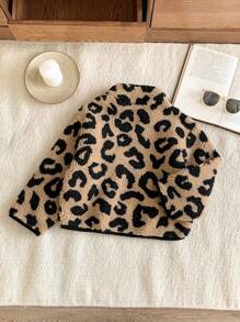 Blossori 年轻男孩复古时尚棕色和黑色豹纹保暖立领长袖外套，圣诞季