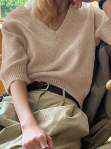 DAZY 女士商务休闲V领毛衣，适合通勤、返校服、教师装秋季 - 杏色 - 查看 4