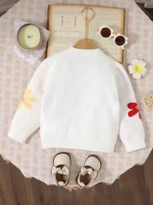 Young Girl Fashion Minimalist Casual Cute Long Sleeve Floral Pattern Round Neck Knit Sweater, Soft & Comfortable For Daily, Travel