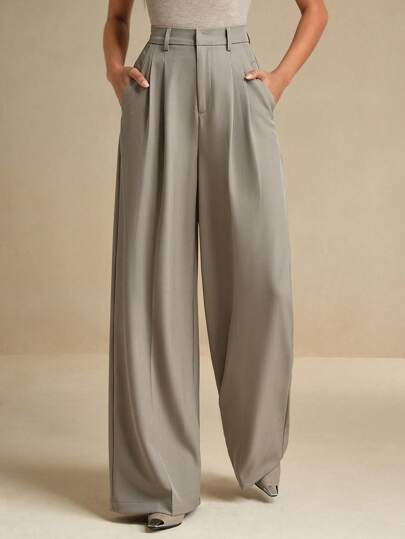 Anewsta Fashionable Solid Color Pocket Detail Elegant Wide Leg Office Pants