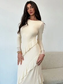 Aloruh Vestido Romântico para Encontro com Gola Babado, Manga Lanterna, Ajustado e Transparente, Cor Damasco