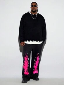 Manfinity VCAY Plus Size Men's Black & Pink Flame Knit Flared Lounge Pants - Black - View 1
