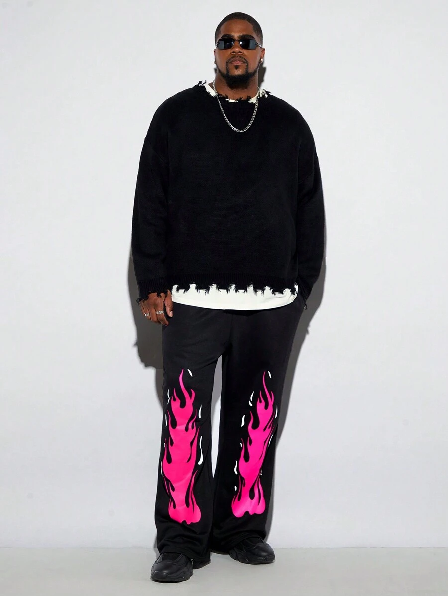 Manfinity VCAY Plus Size Men's Black & Pink Flame Knit Flared Lounge Pants - Black - View 1