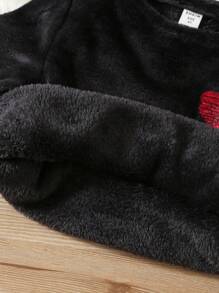 SHEIN 2 件装年轻男孩休闲格子图案口袋圆领长袖睡衣套装和格子睡裤，柔软舒适法兰绒服装，适合秋冬季 - 黑色 - 查看 5