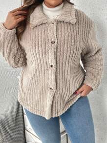 SHEIN VCAY Plus Size Plain Color Front Button Long Sleeve Casual Reversible Fleece Jacket - Apricot - View 4