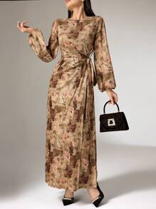 Modelyn Women's Round Neck Long Sleeve Allover Print Fitted Dress