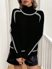 Chiquease 女士高领长袖撞色法式针织毛衣，冬季针织套头衫 - 黑色 - 查看 7