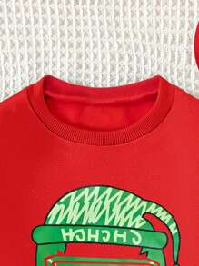 Young Boy Winter Fleece Crew Neck Sweatshirt, Red, Christmas Style With Santa Claus & Fluorescent Green Graphic, Casual Loose Comfortable Streetwear, Family Matching Set